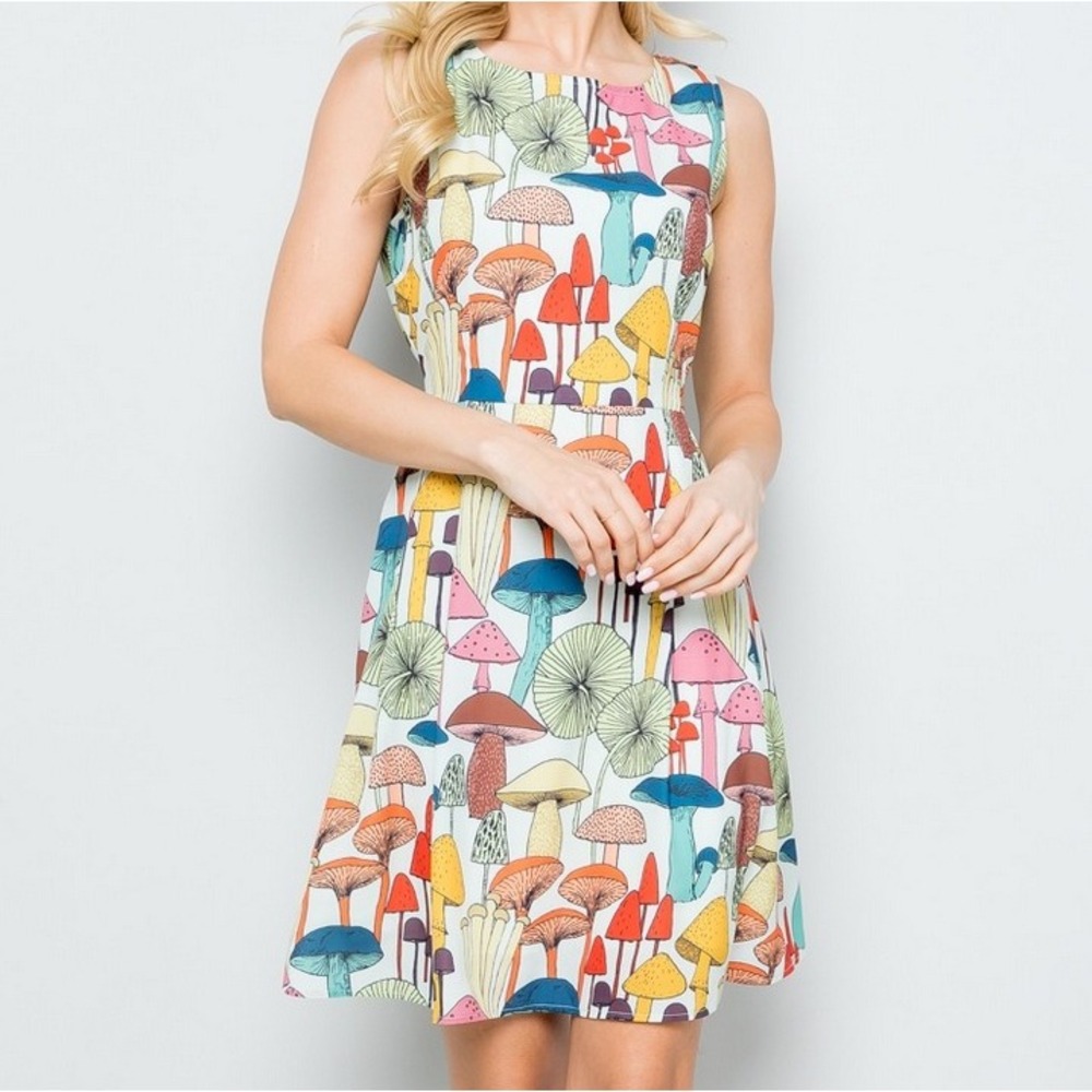LA Soul Retro Boho Mushroom Print A-Line Dress Women's SZ L Sleeveless Tie Waist